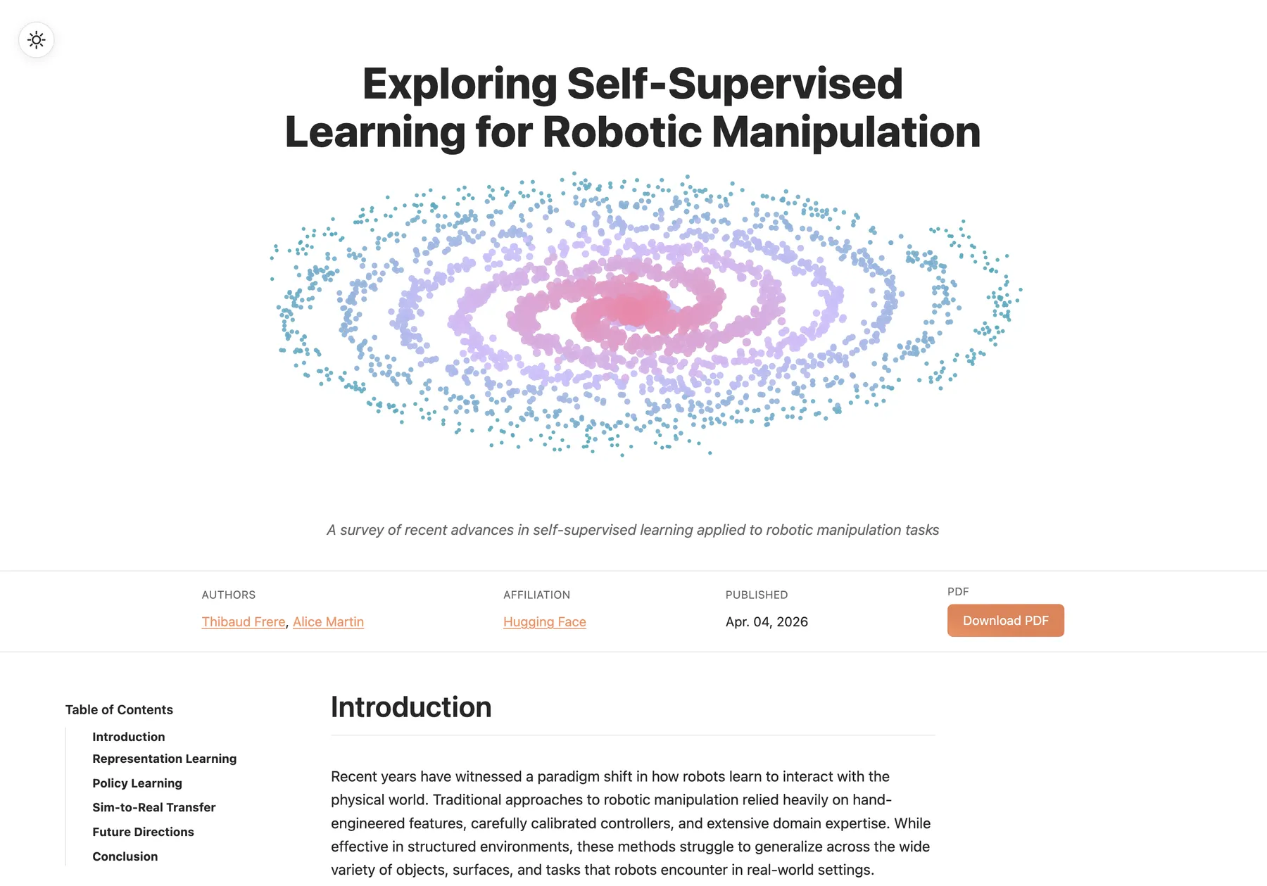Article template - full layout with banner, sidebar TOC, and PDF export